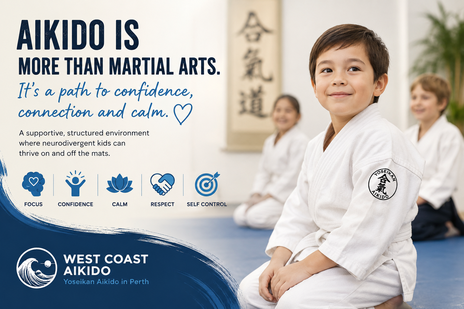 Young child training in Yoseikan Aikido class at West Coast Aikido Perth, highlighting confidence, focus, calmness, and support for neurodivergent children.